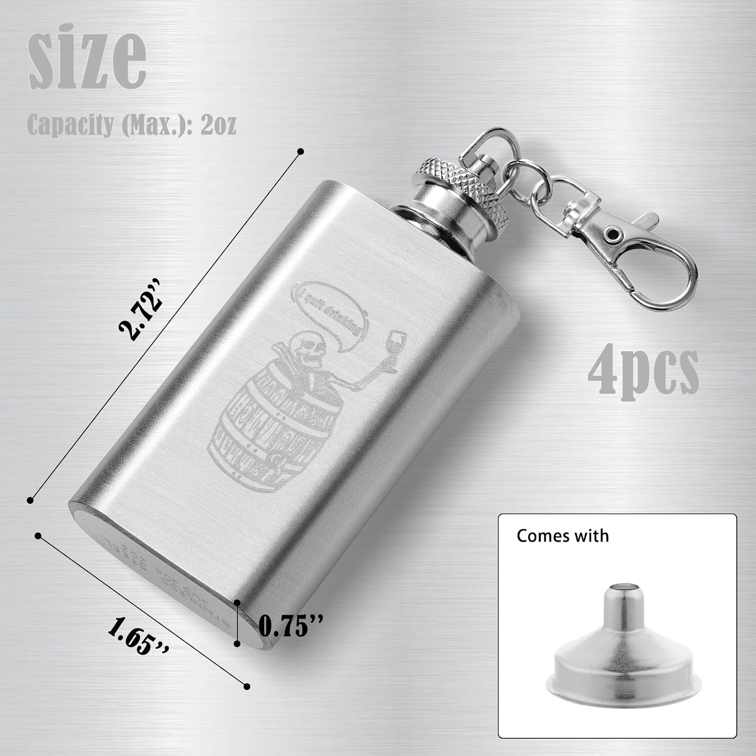 4pcs I Quit Drinking Mini Stainless Steel Pocket Wine Bottle Portable Skull Barrel Pattern Hip Keychain Flask 2oz Leak Proof Whiskey Vessel with Funnel for Men & Women