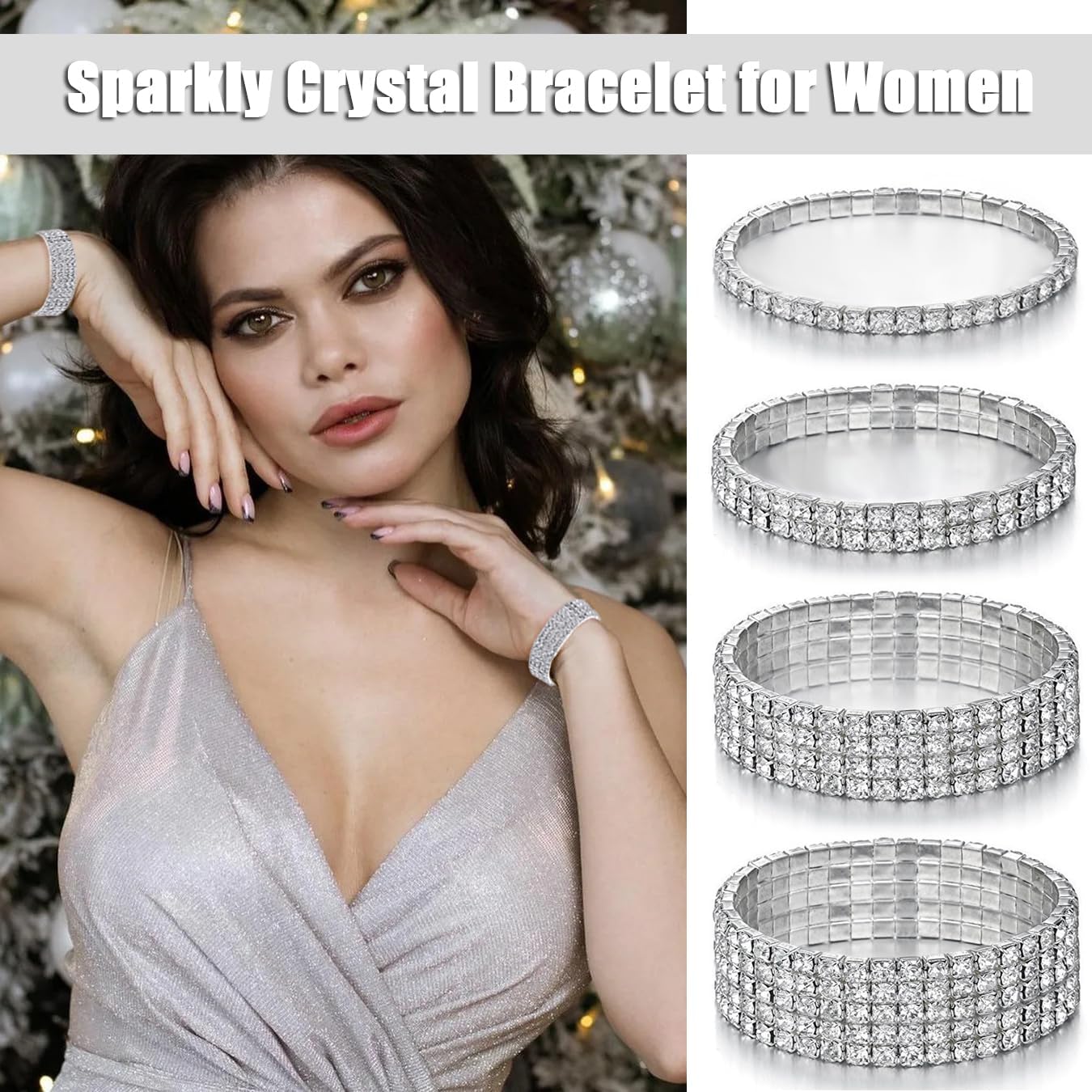 Rhinestone Stretch Bracelets for Women Shiny Bridal Stackable Bracelet Elastic Multilayer Strand Link Tennis Bracelets Set - Image 3