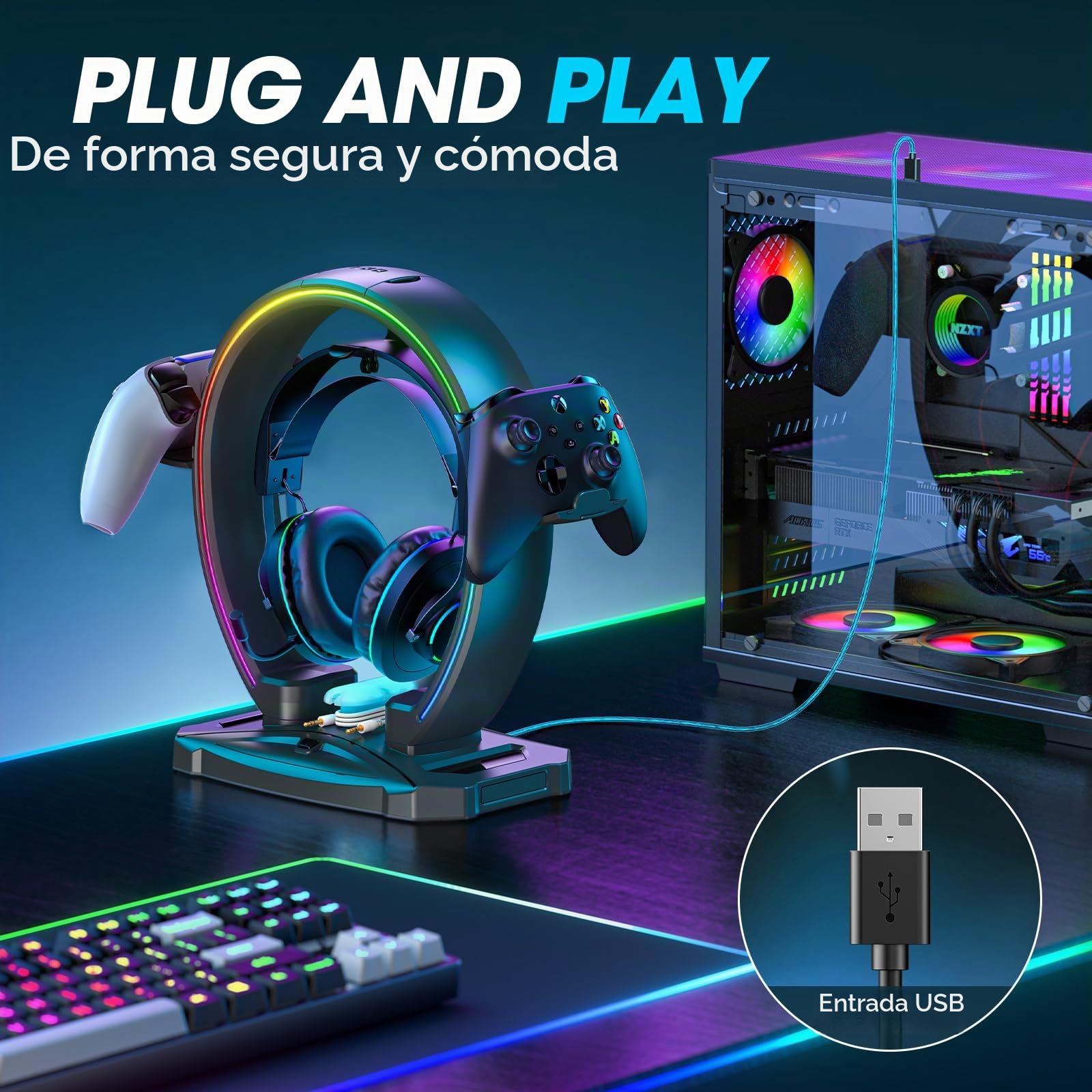 KDD LED Soporte Cascos Gaming con 9 Modos de Luz - Soporte Auriculares & Soporte Mando Plegable con Organizador de Cables - Cascos Porta Auriculares Mesa para Escritorio Gamer Accesorios Gaming PC