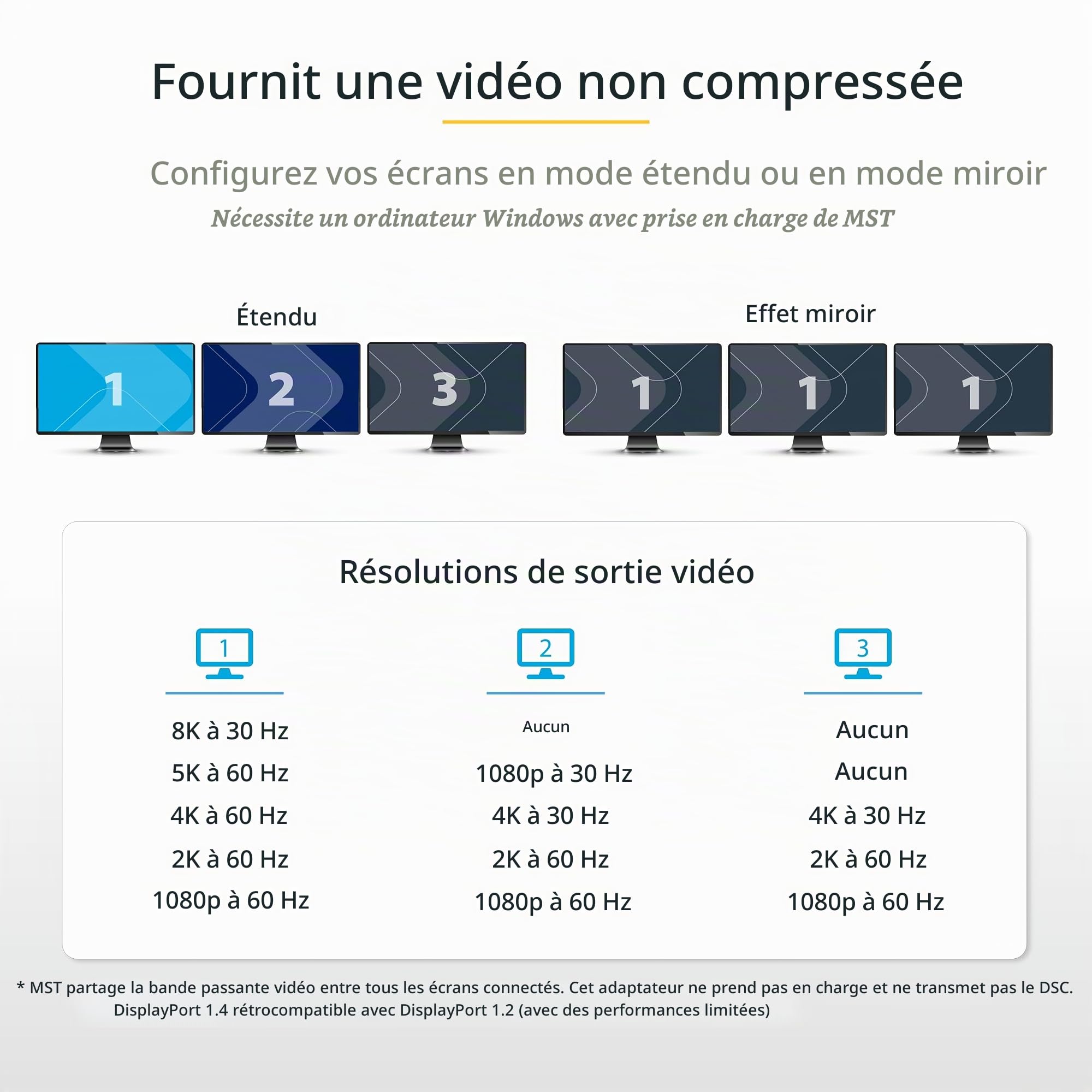 StarTech Hub MST DP 1.4 vers 3x DP, 2x 4K 30Hz et 1x 4K 60Hz, Windows