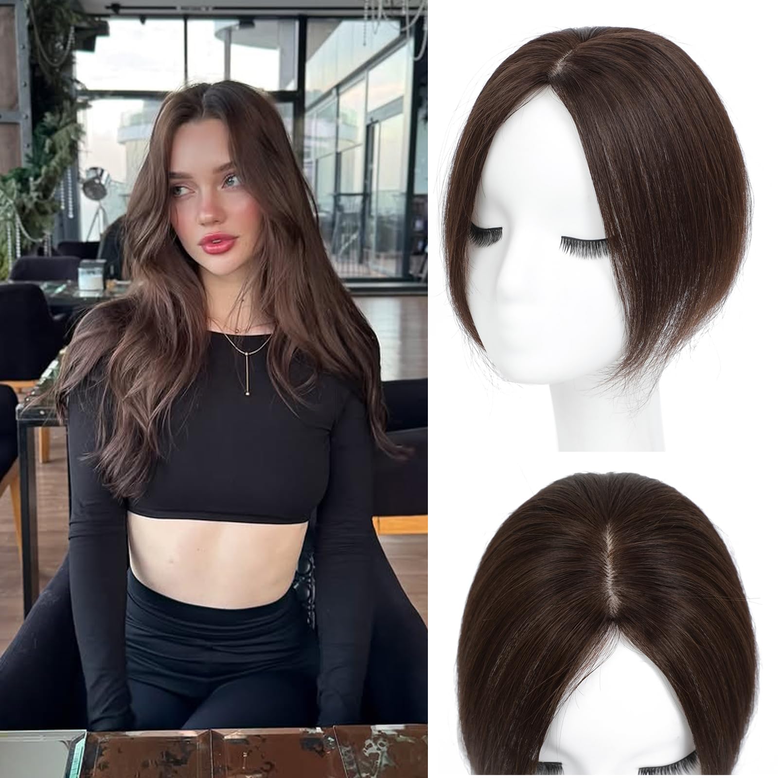 Hair Toppers for Women Real Human Hair， 360°3D Cover Toppers Hairpieces for Women with Thinning Crown Wispy Clip in Bangs Realistic Scalp Hairline (Mocha Brown, Side Bangs)