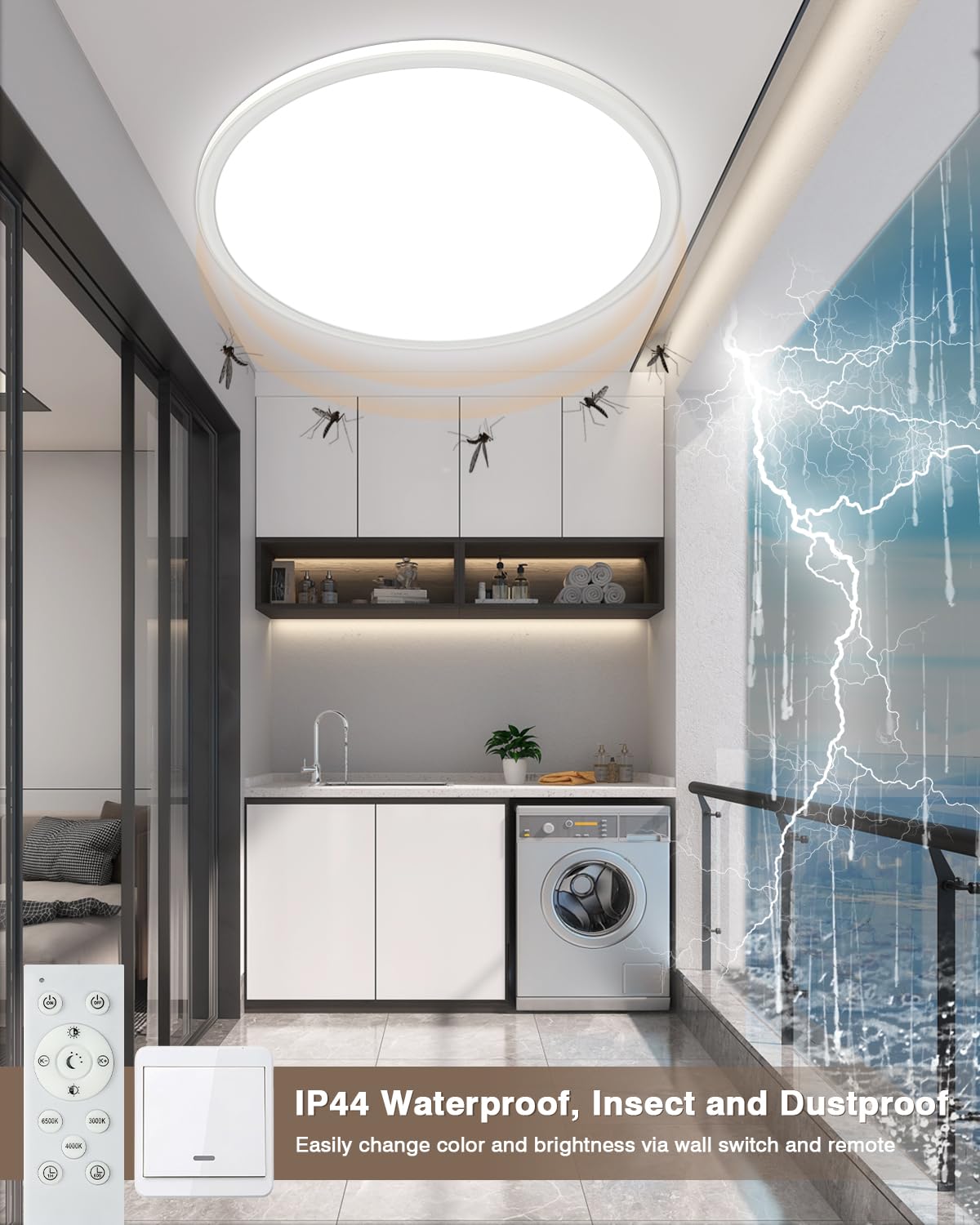 49CM Deckenlampe 46W LED Deckenleuchte Dimmbar 3000-6500K mit Fernbedienung | Rund Led Deckenleuchte Flach, Ultra Dünn Deckenlampe Wohnzimmer Wasserfest Badlampe für Schlafzimmer Badezimmer Küche, Weiß