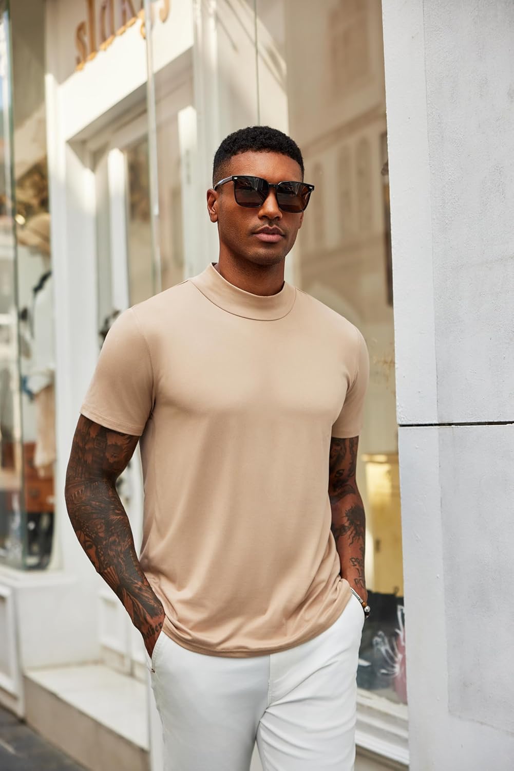 COOFANDY Men's Mock Turtleneck T Shirt Short Sleeve Slim Fit Basic Casual Solid Color Pullover Tee - Image 2