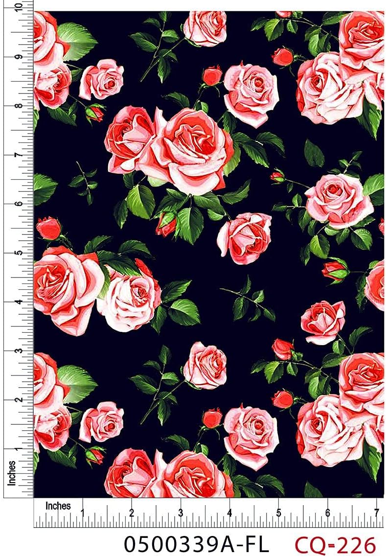 Peach Roses Design 100% Cotton Quilting Fabric by The Yard (Black, Peach, Green, White)