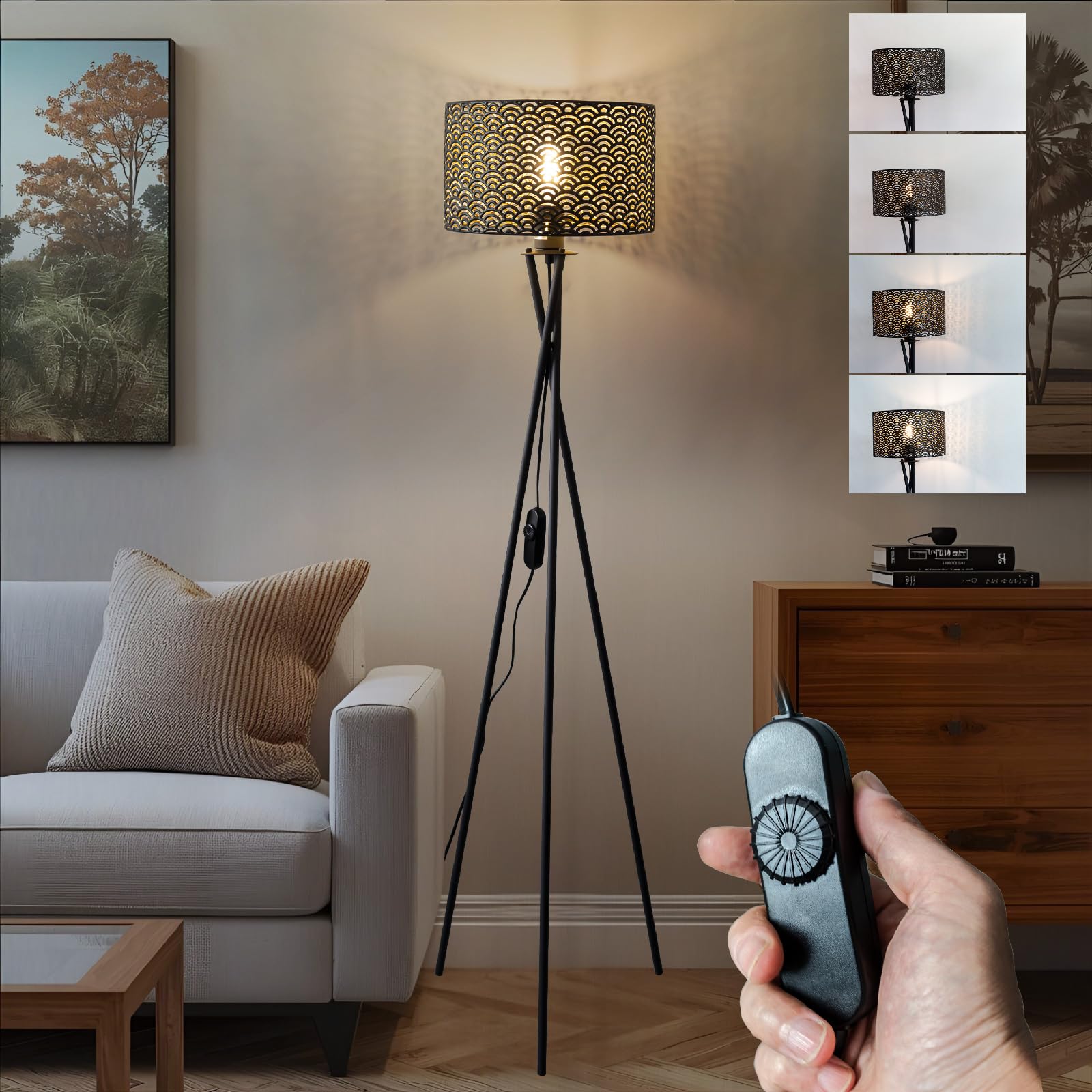 LED Stehlampe Vintage, Dreibein Stehleuchte mit Dimmbarem Schalter, Retro Standlampe mit E27 Lampenfassung Metall-Rautenmuster Schirm