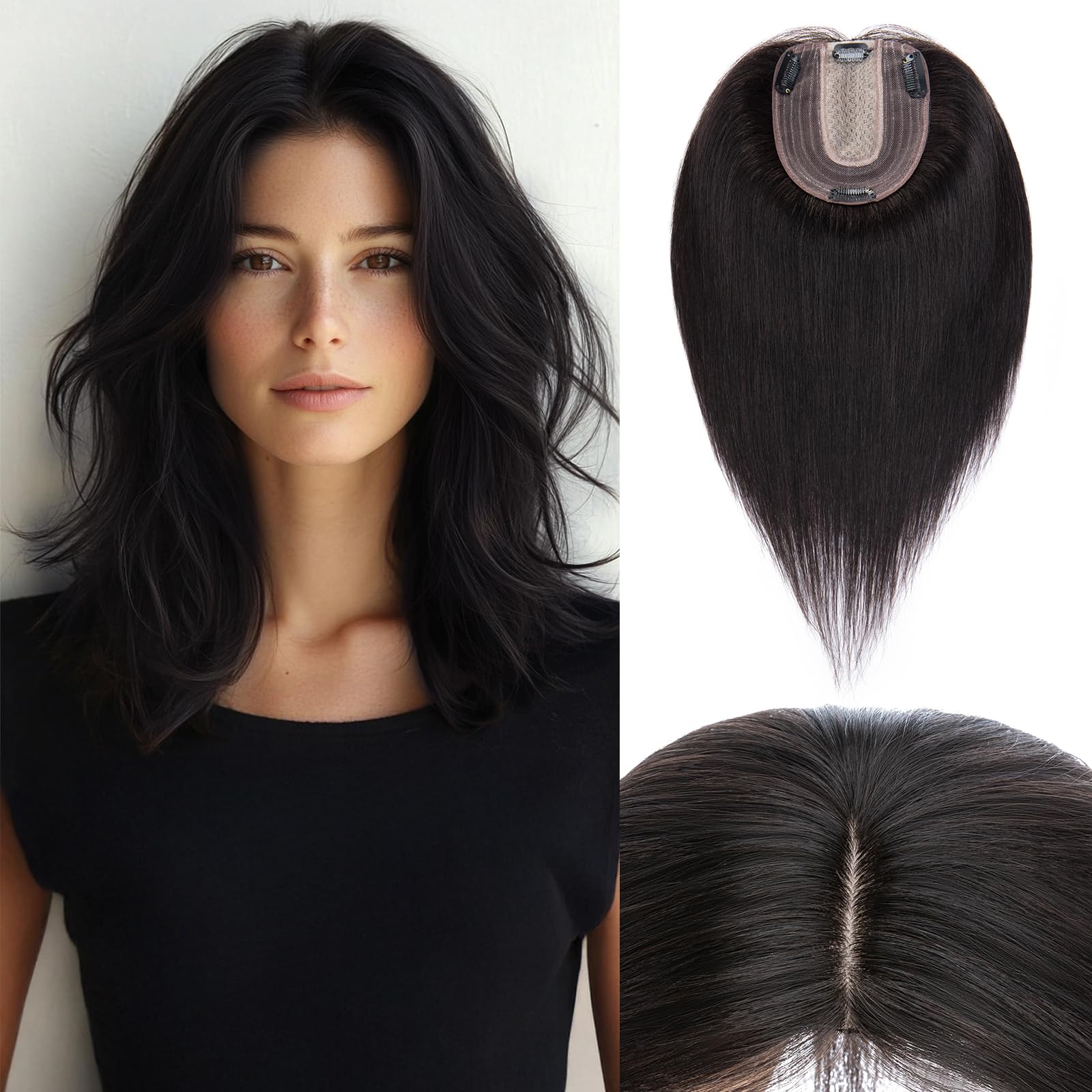 12 Inch Human Hair Topper, Remy Hair, No Bangs, Lace Base, 3 Clips 12 Inch Human Hair Toppers for Women Straight No Bangs 4.6x4  main image 3