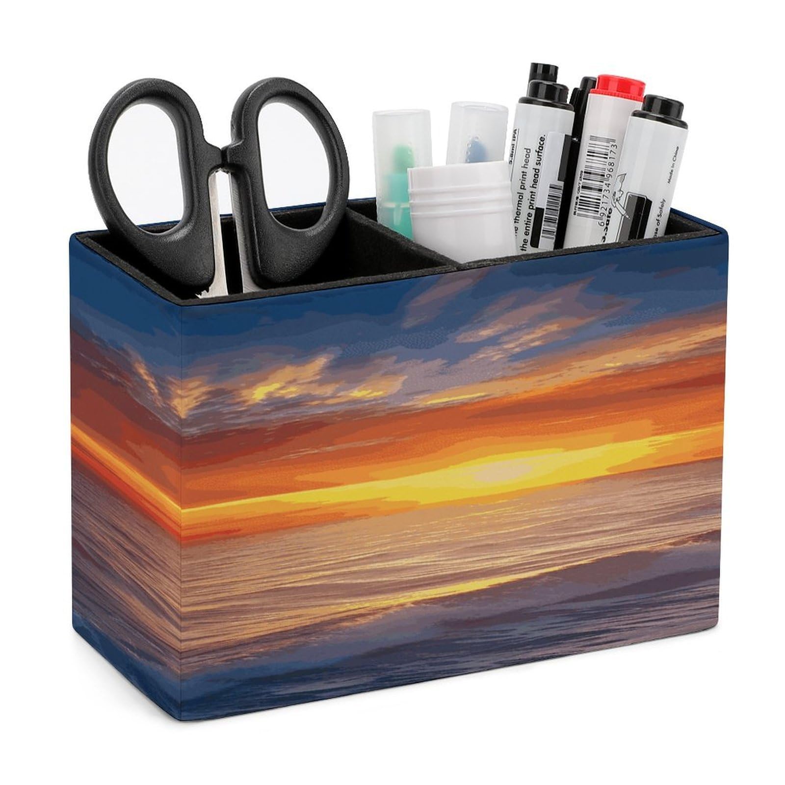 FekiLoot Sea And Sunset Leather Pen Holder for Desk Double Compartments Brush Minimalist PU Leather Pencil Holder Locker Organizer for Work Locker Accessories Pencil Cup for Desk
