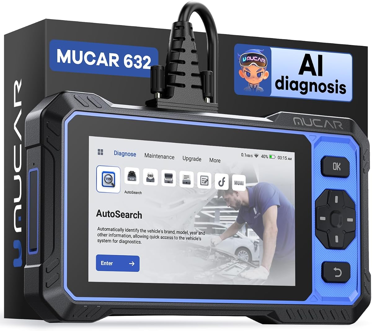 Escáner OBD2, herramienta de escaneo bidireccional asistida por IA MUCAR 632 Elite, 15 servicios de restablecimiento de aceite/TPMS/EPB/BMS/SAS/herramienta de diagnóstico de escáner de freno/acelerador, AutoAuth FCA, CANFD, AutoVIN, actualización gratuita de por vida