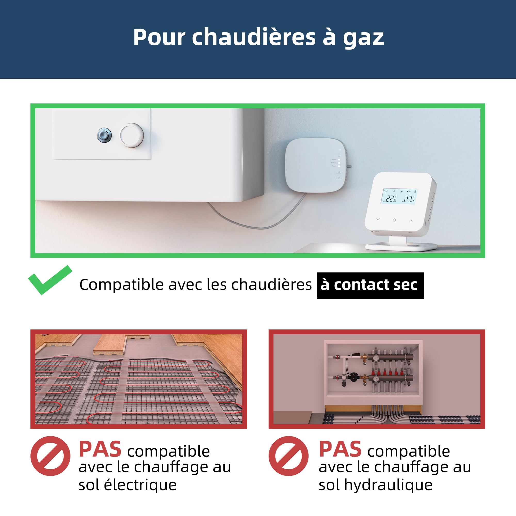 Thermostat sans Fil Programmable Quotidiennement avec Récepteur, WiFi pour Chaudières à Gaz et Fioul, Commande Vocale Alexa et Google Home, Compatible avec Tuya Smart