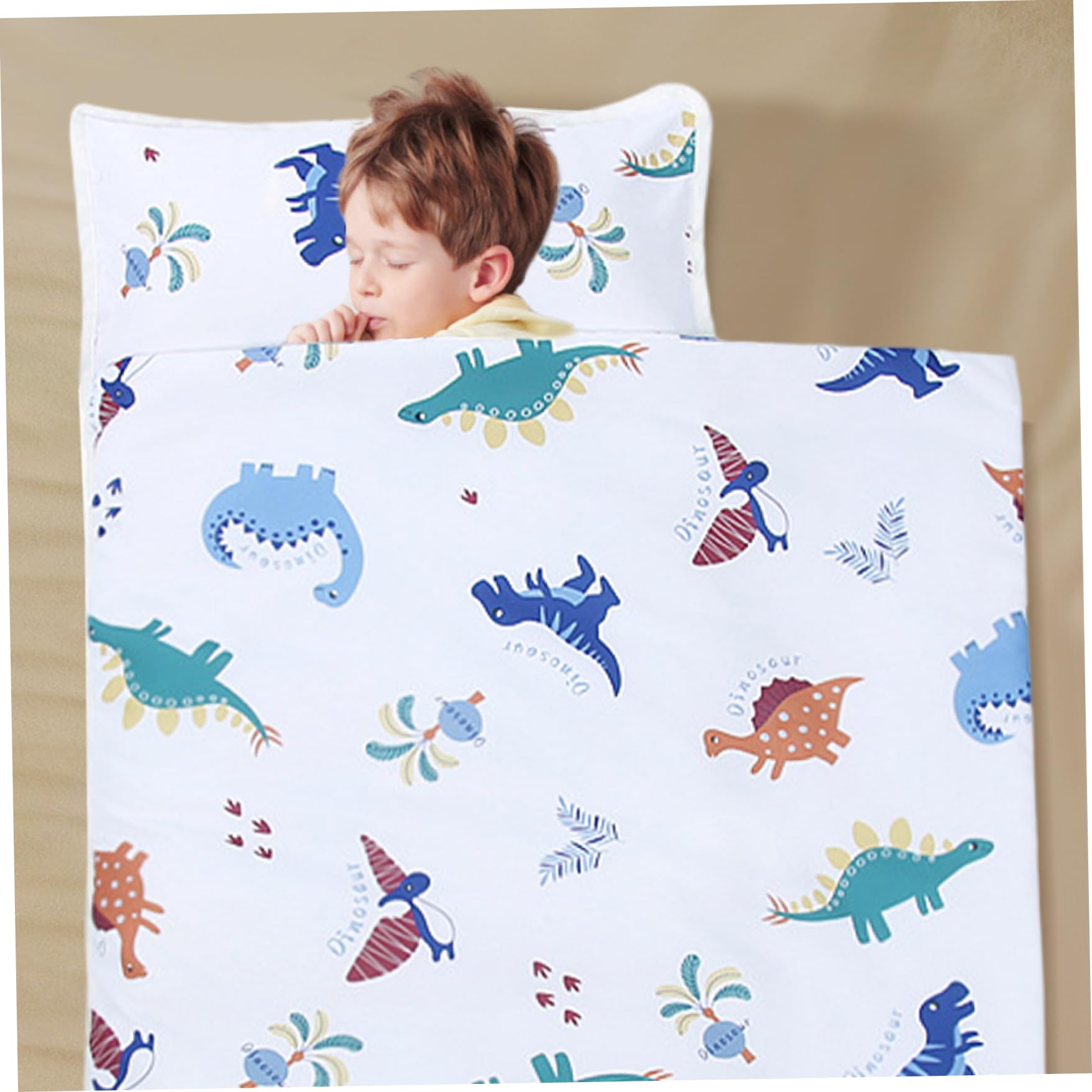 Tappetino per pisolino per bambini, Tappetino per pisolino per bambini con cuscino e coperta 49x20 Sacco a pelo anti-calcio con manico arrotolabile con stampa di dinosau