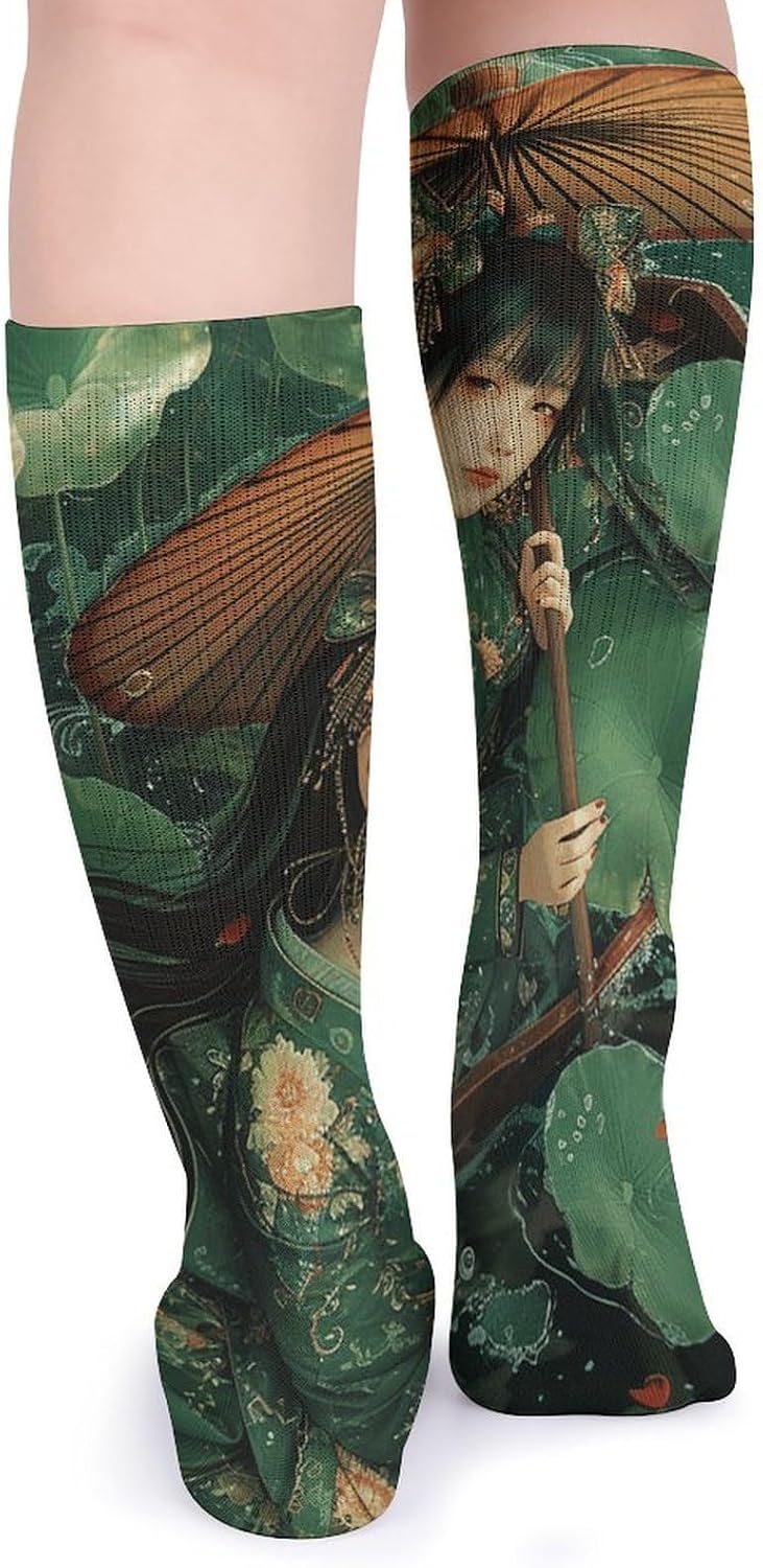 5-Pack Knee High Socks, 15.7 Inch Breathable Casual Socks Green Leaves And Boat Stockings for Men Women