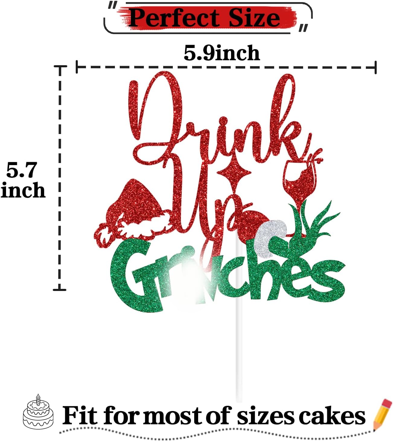 Red Glitter Drink Up Grinches Cake Topper, Xmas Tree Santa Hat Deer Winter Decor, Christmas Xmas Holiday Party Dcorations Supplies
