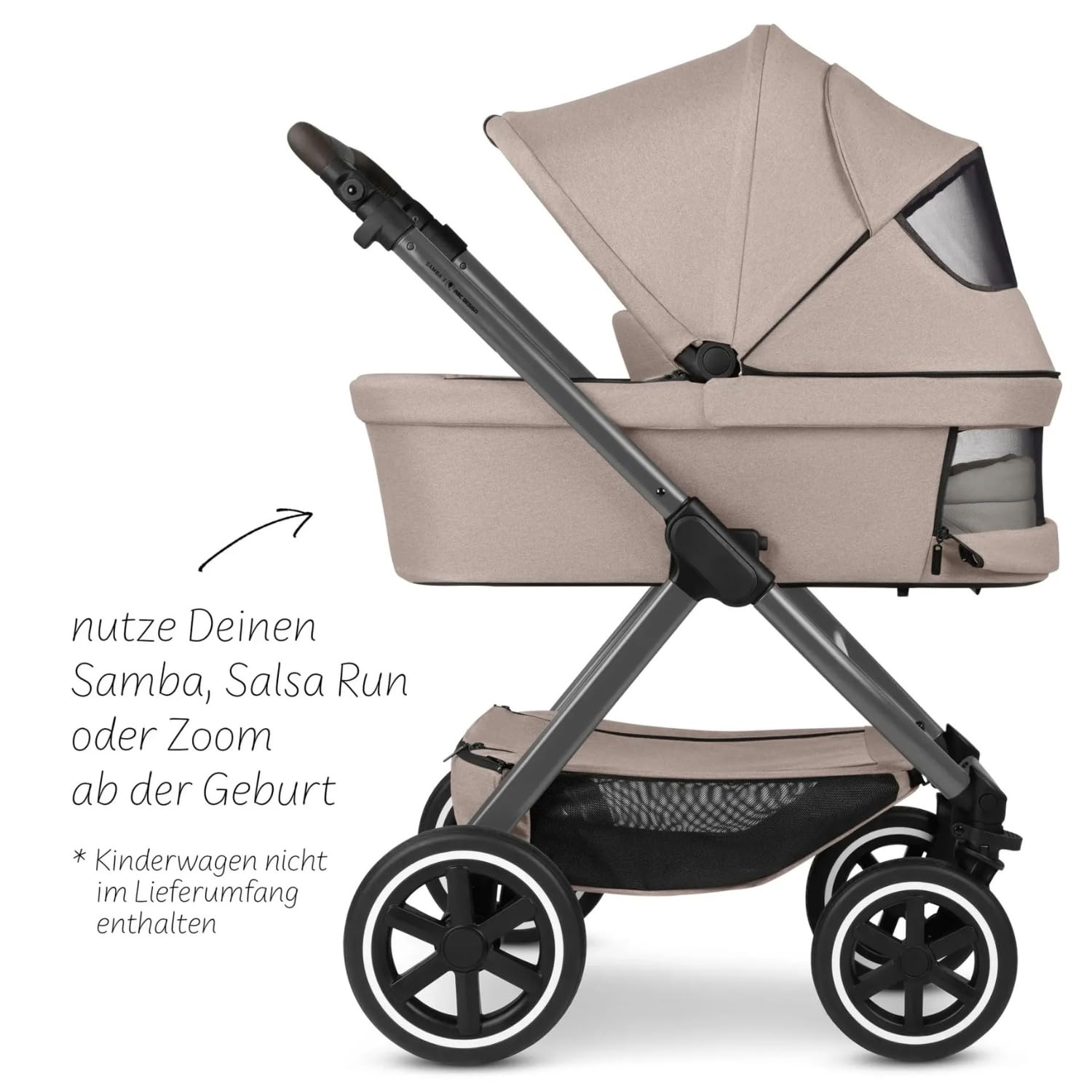 ABC Design Tragewanne für Samba, Salsa Run & Zoom – Babywanne ab Geburt mit CozyCloud® Matratze, faltbar, großes Verdeck & Belüftungsfenster – Kinderwagenaufsatz - Camel