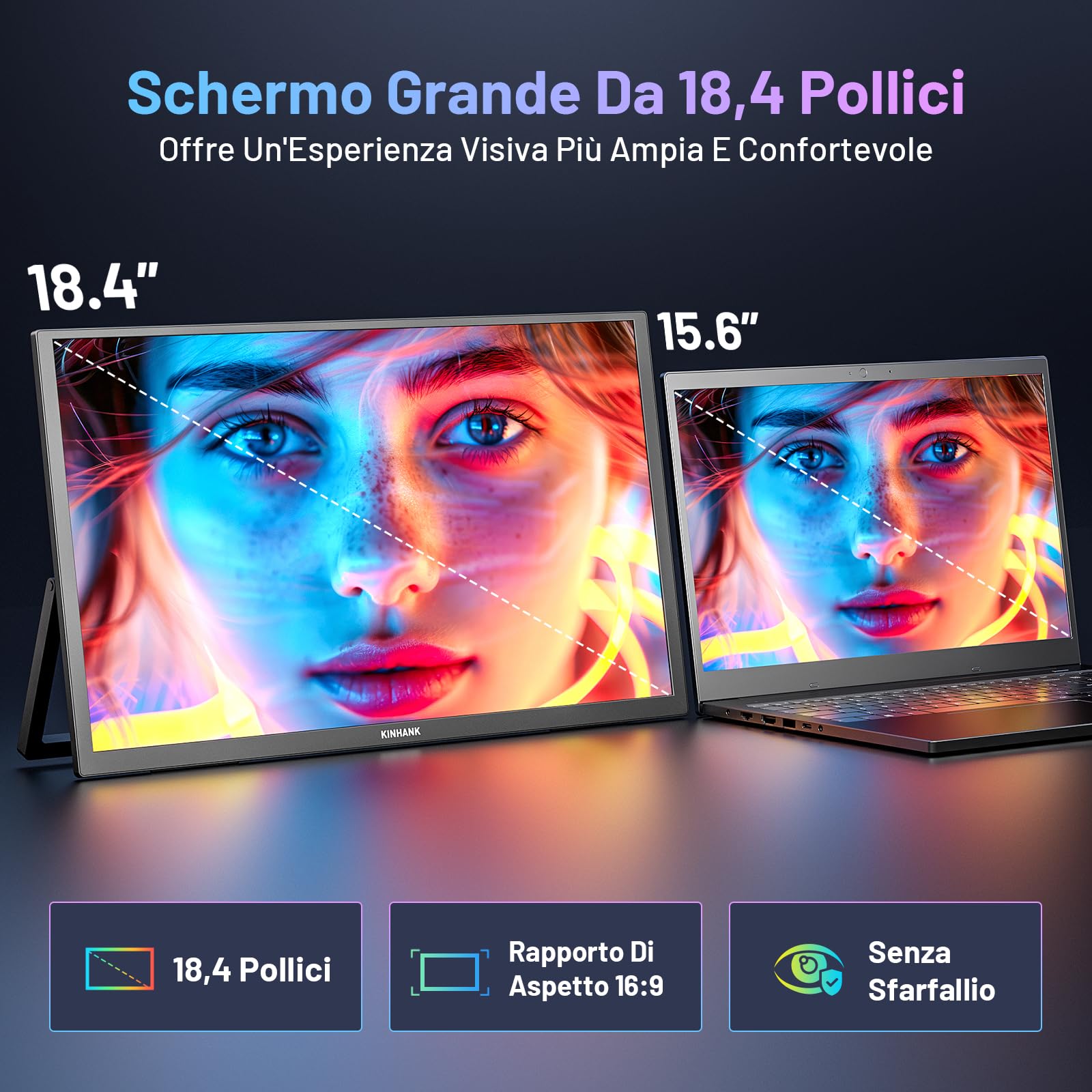 Monitor Portatile 4K 18,4 Pollici Schermo Portatile con Google TV OS,3840*2160 UHD,HDR,85% NTFC,IPS Portable Monitor per PC Laptop Xbo PS5 Telefono USB C/HDMI, Compatibile con VESA, Supporto Integrato