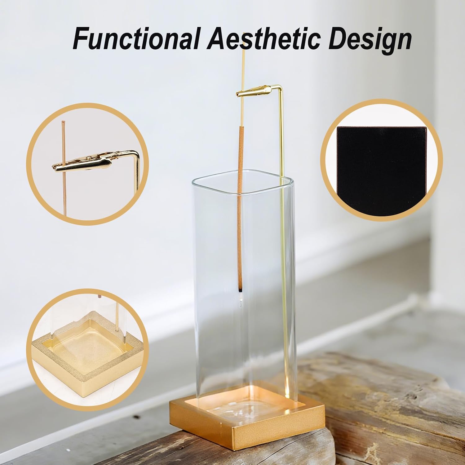 Incense Holder, Metal Incense Holder for Sticks with Removable Glass Ash Catcher, Anti-Ash Incense Burner,Luxury Home Décor for Meditation Relaxation (Gold)
