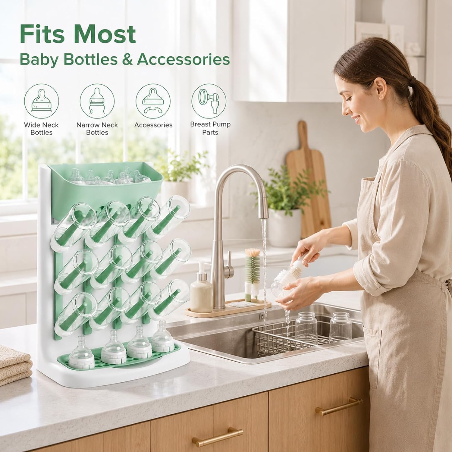 Vertical Baby Bottle Drying Rack, Space-Saving Countertop Dryer, Holds 12 Bottles, Sippy Cups & Breast Pump Accessories, BPA-Free with Removable Drip Tray