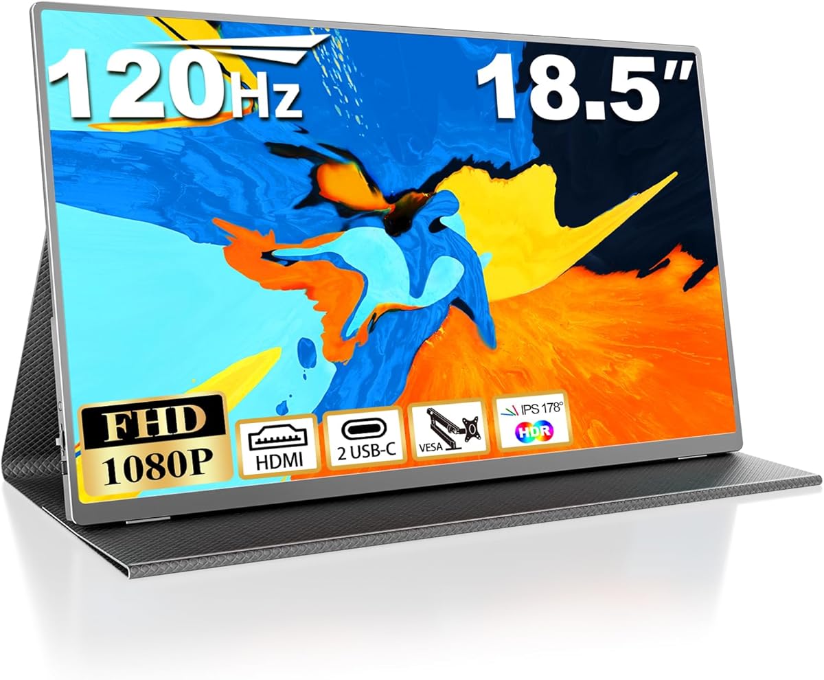 18.5 Inch Large Portable Monitor, 120Hz 1080P FHD IPS Portable Travel Second Screen Display for Laptop, 125% sRGB, Dual Speakers, VESA & Smart Cover