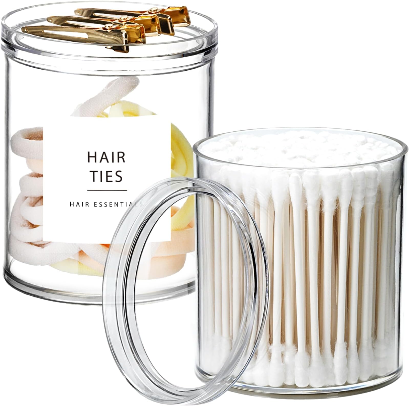 SheeChung 2 Pack Qtip Holder Stackable Plastic Apothecary Jars with Storage Lids Clear Bathroom Accessories for Storage and Organization Bathroom Counter Organizer (12oz)