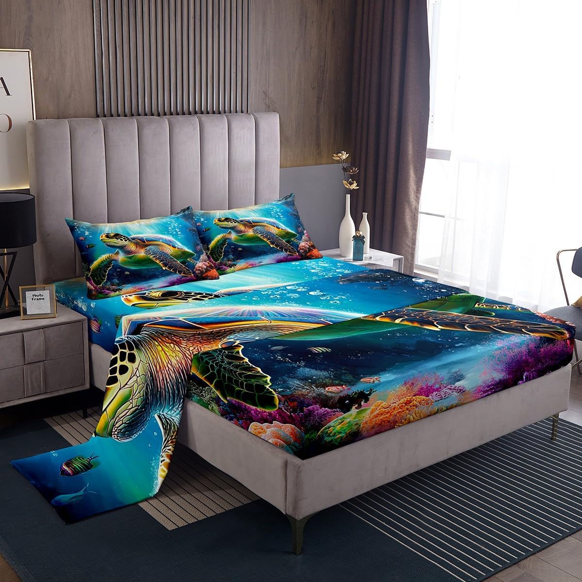 Erosebridal Queen Sea Turtle Fitted Sheet Set, Ocean Blue, Coral, Marine Sea Life Pattern, 4 Piece Set, 1 Fitted Sheet 60"x80"x16", 1 Flat Sheet 102"x90", 2 Pillowcases 20"x30"