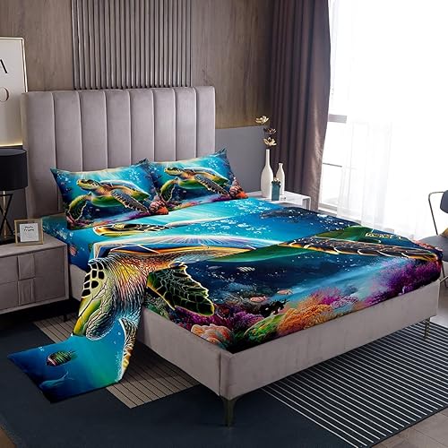 Miniatura 8 de Juego de sábanas de medusa verde azulado morado para niños y niñas, sábanas de animales marinos náuticos, sábana bajera bajo el agua de criaturas
