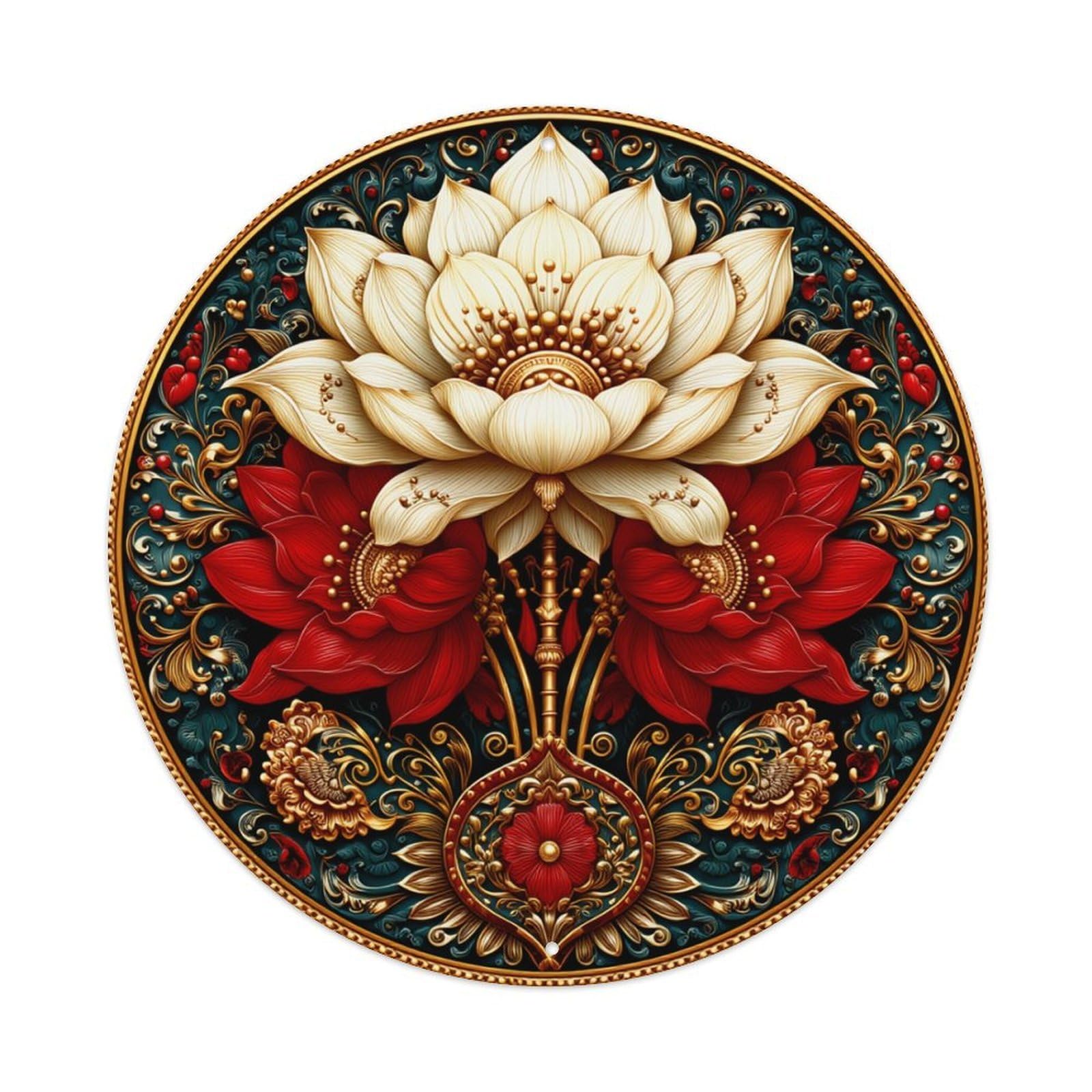 Floral Ornate Symmetrical Gold Red Round Tin Sign Retro Metal Sign for Cafe Bar Pub Home Game Room Gym Club Wall Decoration Vintage Metal Poster 8x8 Inch
