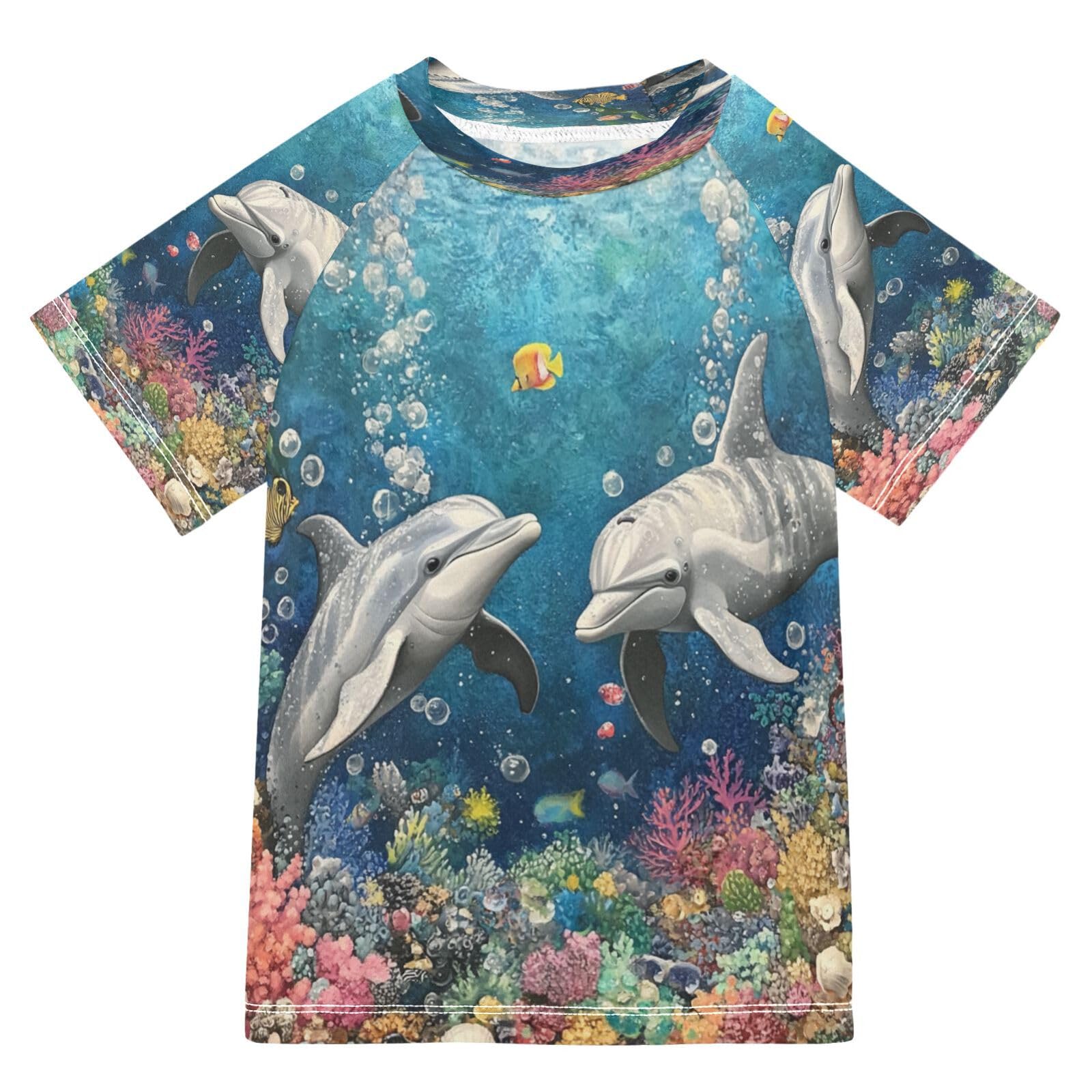 Toddler Boy Rash Guard Short Sleeve Swim Shirt Dolphin Print Rashguard 9-10T Beach Shirts Quick Dry,023