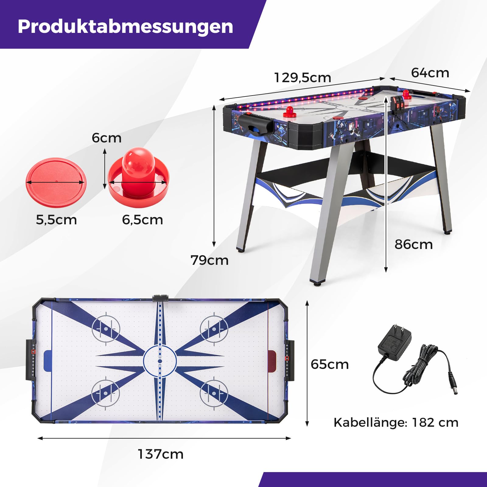 DREAMADE 137 cm Airhockey Tisch, Air Hockey Spieltisch mit LED-Lichtern, 2 Schiebern & 2 Pucks, Airhockeytisch mit 12V Motor & LED-Anzeigetafel für Spielzimmer, Zuhause & Büro, 137 x 65 x 86 cm
