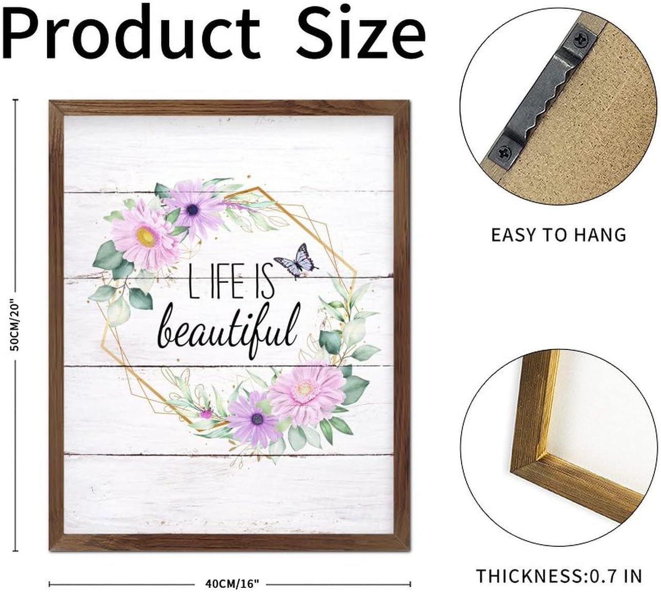 Life is Beautiful Wooden Framed Signs Spring Floral Wreath Wooden Wall Sign Rustic Botanical Artwork Woodshop Garage Wall Decoration for Home Room Office Garden Kitchen 20x16inch