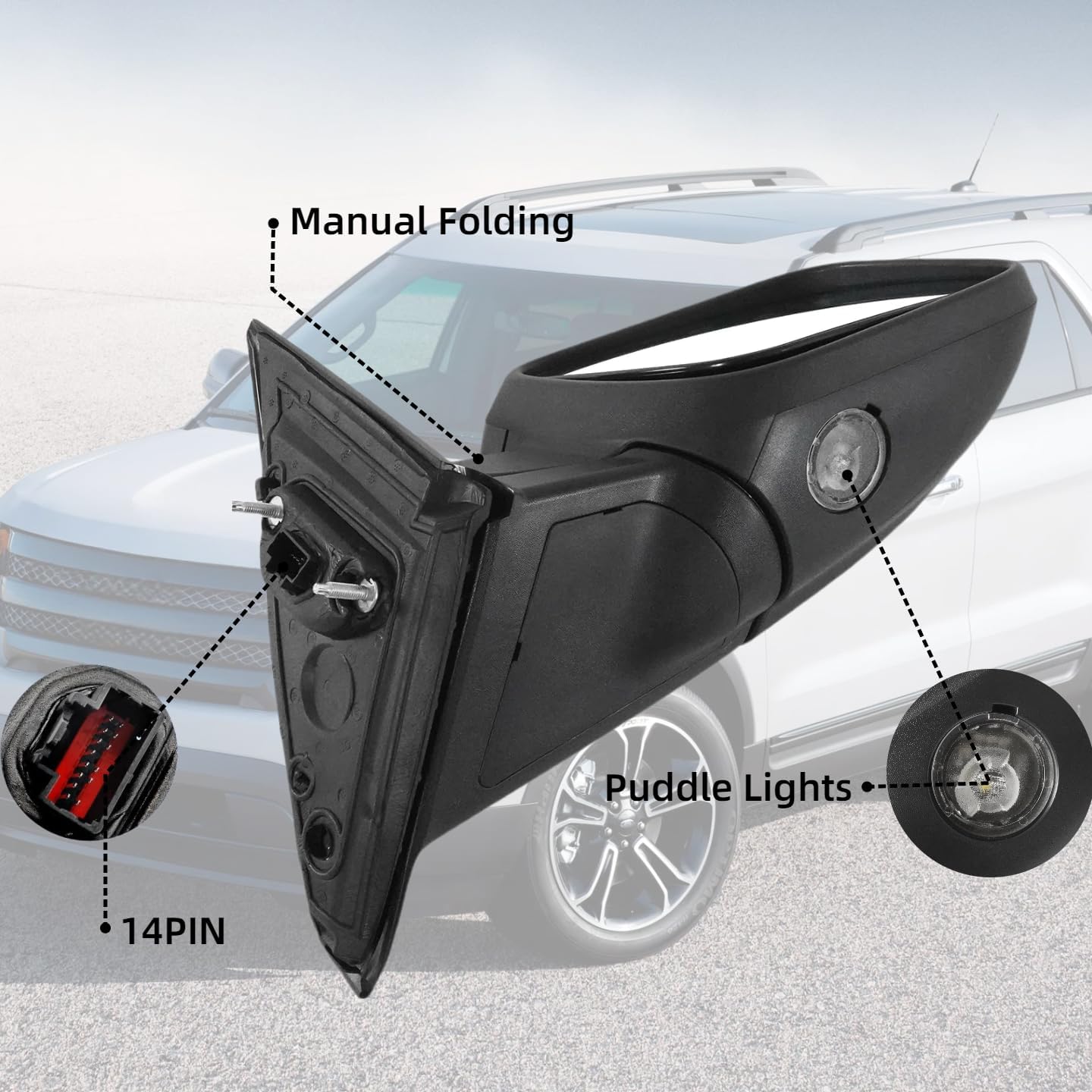 Right Passenger Side Mirror Assembly Compatible with Ford Explorer 2011-2019 With Heated Power Glass Blind Spot Light Turn Signal Light Puddle Light Memory Power Folding Replace GB5Z17682 Black 14Pins