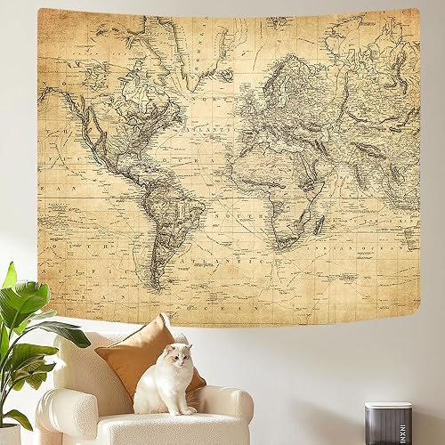 Wiplis Tapiz vintage marrón con mapa del mundo, mapa del mundo antiguo, geografía, póster para estudiantes, aula escolar, dormitorio, sala de estar,