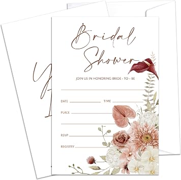 Bridal Shower Invitations With Envelopes, Boho Floral Wedding Invites, Pampas Grass Engagement Party And Reception Supplies, Pack of 25 Fill-in Invitation Cards -06
