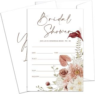 Bridal Shower Invitations With Envelopes, Boho Floral Wedding Invites, Pampas Grass Engagement Party And Reception Supplies, Pack of 25 Fill-in Invitation Cards -06