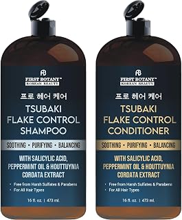 FirstBotany Korean Flake Control Anti-Dandruff Shampoo & Conditioner Set - Zinc Pyrithione, Salicylic Acid Fights Dandruff, Hair Loss, Itchy Scalp, Promotes Growth - Sulfate-Free 16oz