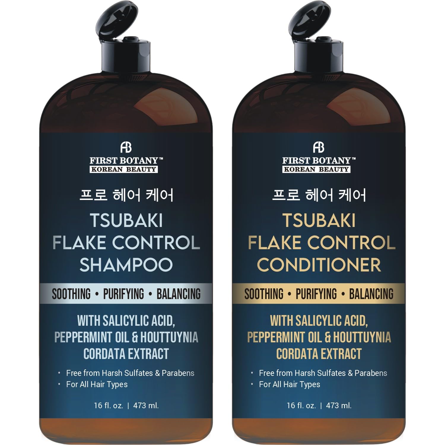 FirstBotany Korean Flake Control Anti-Dandruff Shampoo & Conditioner Set - Zinc Pyrithione, Salicylic Acid Fights Dandruff, Hair Loss, Itchy Scalp, Promotes Growth - Sulfate-Free 16oz