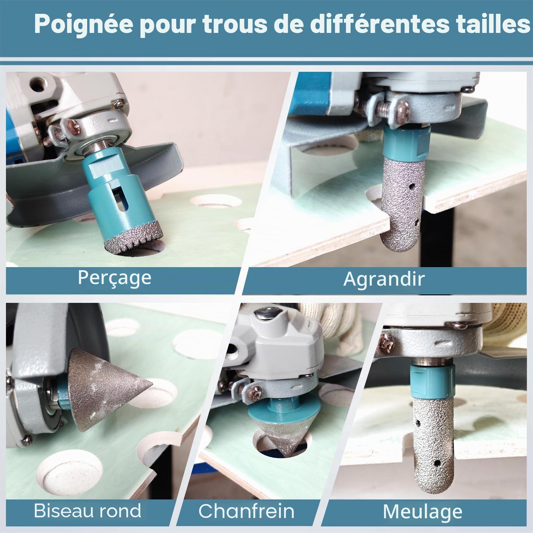 Foret diamant kit 11 pièces (6/8/10/25/35/50/68/110mm+ Mèche fraiser 20mm + Mèche chanfreiner 50mm + adaptateur queue hexagonale) - JeeynoTols trou pour carrelage avec filetage M14.