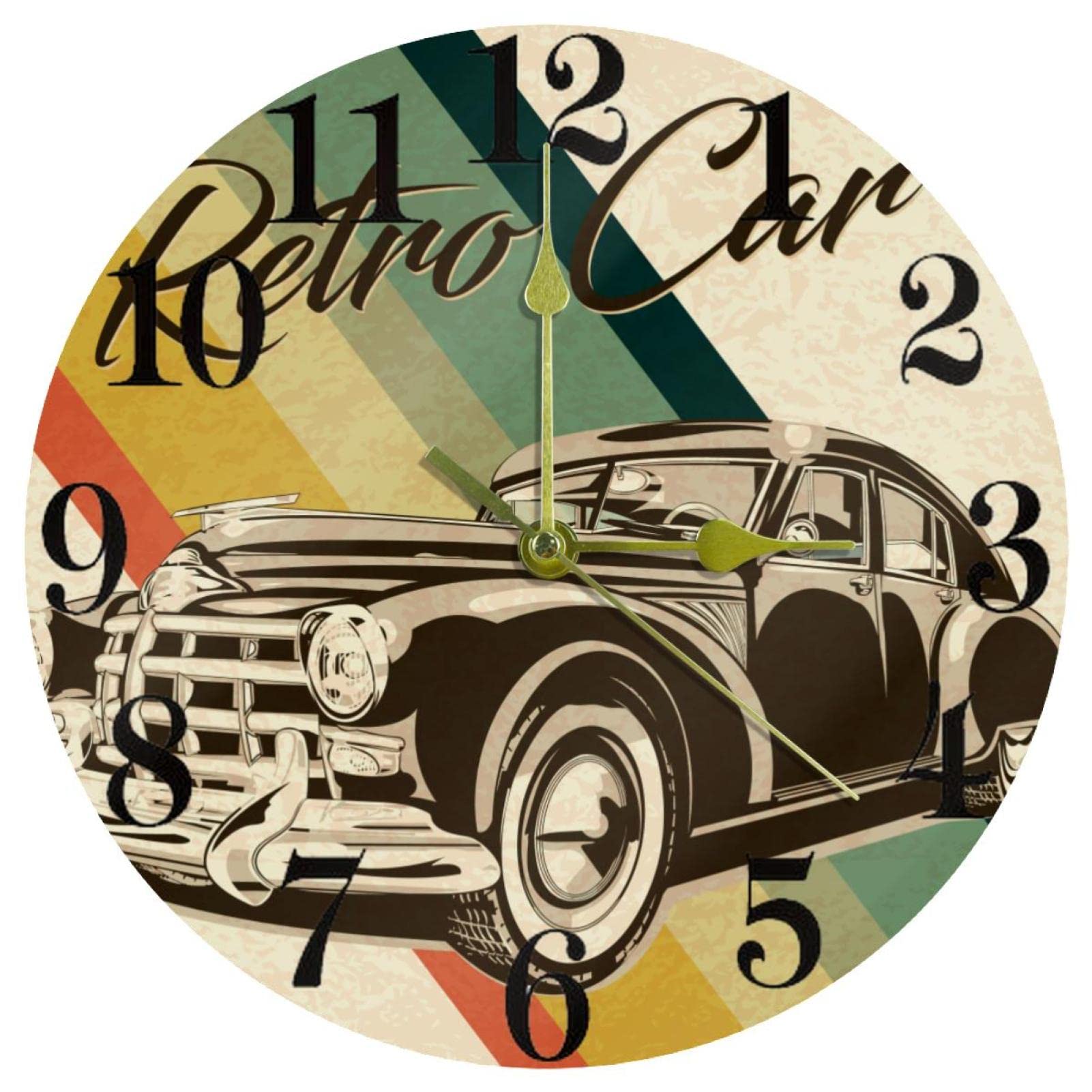 Horloge murale voiture rétro de 25,4 cm silencieuse à piles pour décoration de maison