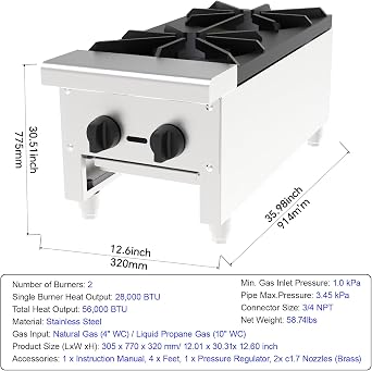 Commercial Countertop Gas Range, 2 Burners Propane and Countertop Natural Gas Range Stove, Stainless Steel Hot Plate, Commercial Cooking Equipment for Restaurant Kitchen, 56,000 BTU