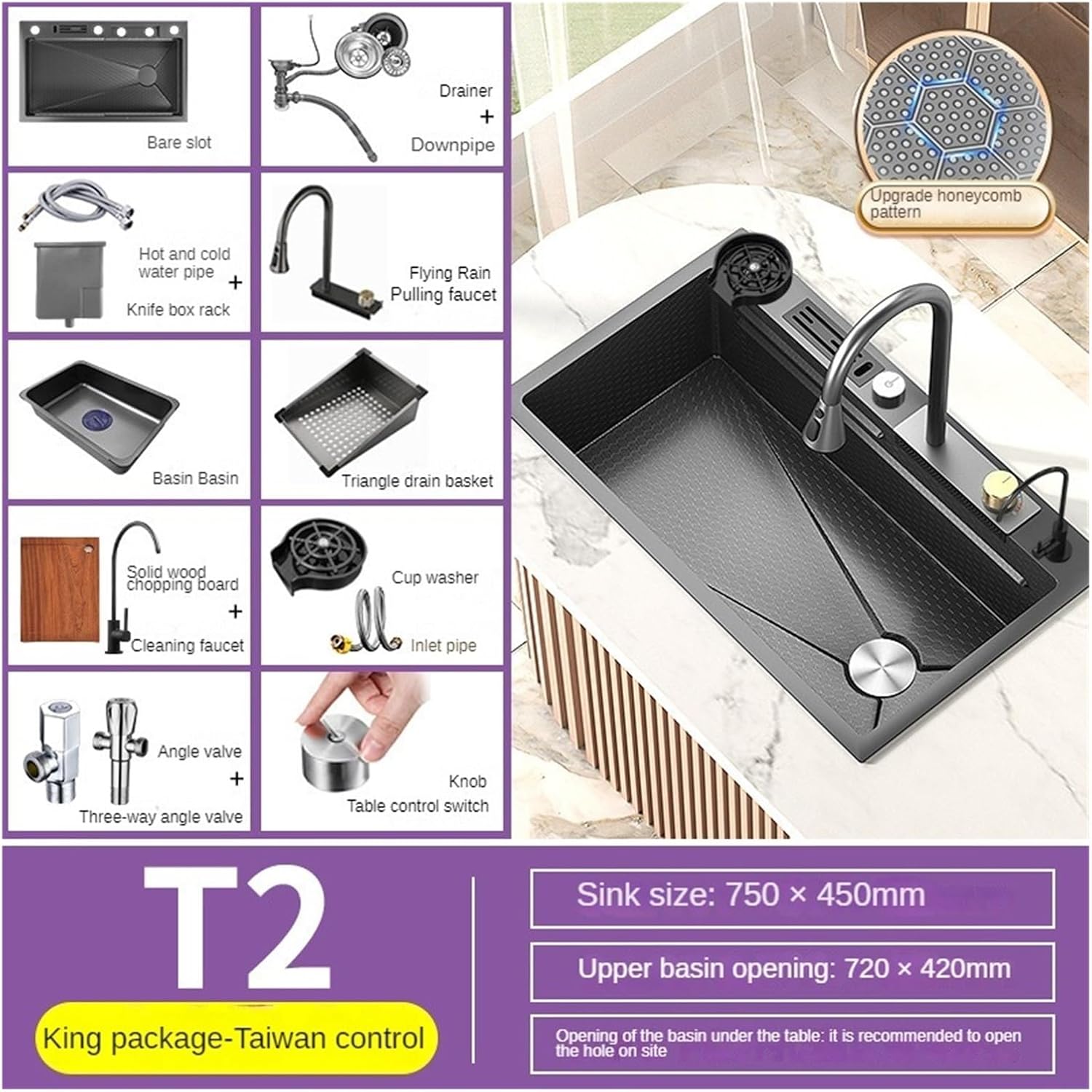 Waterfall Sink Embossed Honeycomb Kitchen Stainless Steel Single Slot Vegetable Washing Basin Under The Table Dishwashing Pool