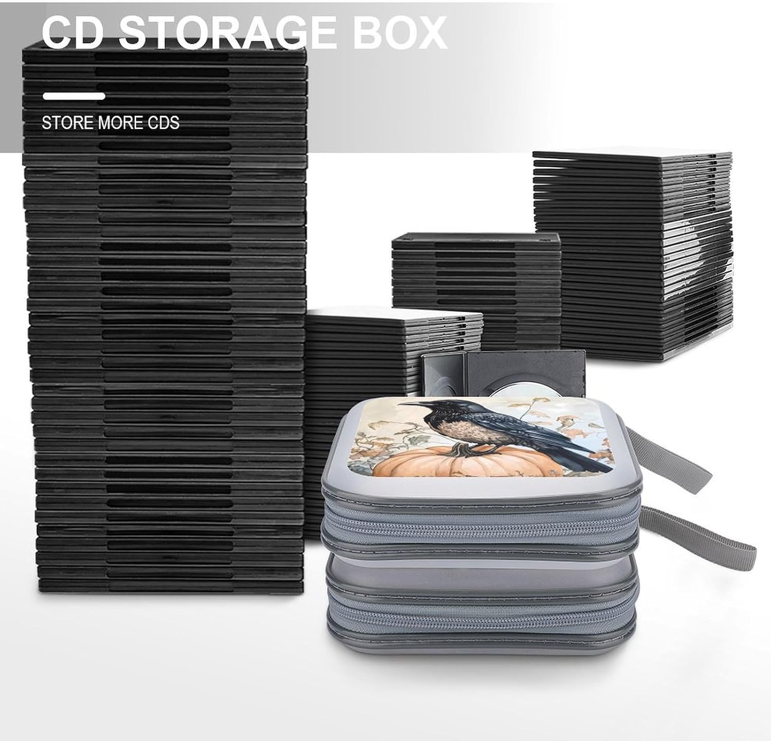 Crow Perched On Pumpk Protective CD Case Storage Rack 40 Capacity DVD Holder Organizer Car Travel
