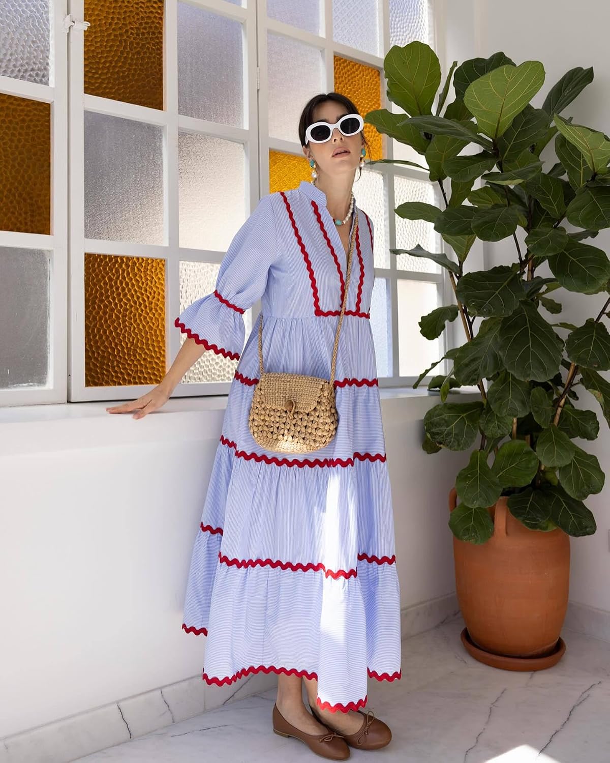 utcoco Women's Summer Beach Vacation Boho Striped RIC Rac Dress Flutter 3/4 Sleeve Tiered A Line Flowy Long Dress
