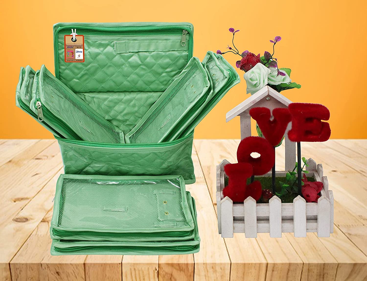 atorakushon Satin-Make-up-Set, Reise-Schmuck-Organizer, Aufbewahrung Schließfachbox, Tasche, Clutch-Tasche für Halsketten, Ohrringe, Ringe und Armbänder, Hochzeitsgeschenk, mintgrün
