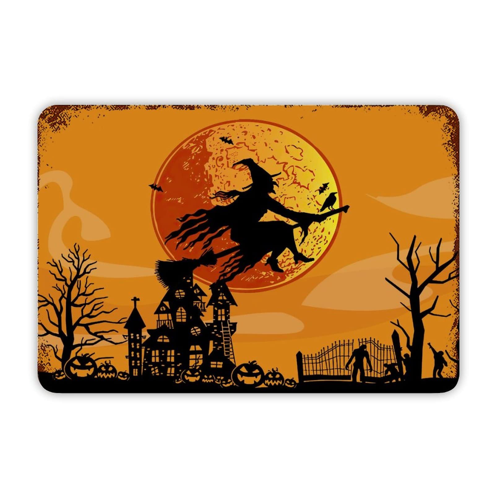 ENEDNATE Happy Halloween Flying Witch Castle Bats Ghosts Grave Aluminum Tin Metal Sign for Indoor Outdoor Business Retail Store Patio Yard Home Decor Wall Art Print Poster 8"x12"