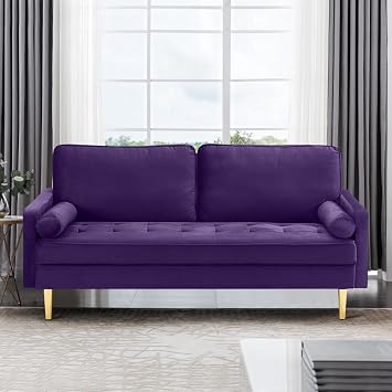 67in Modern Velvet Loveseat Sofa Couch, Mid-Century Tufted Upholstered Small Love Seat Couch with 2 Pillows & 4 Golden Legs, 2-Seats Couches for Compact Space, Living Room, Apartment Purple