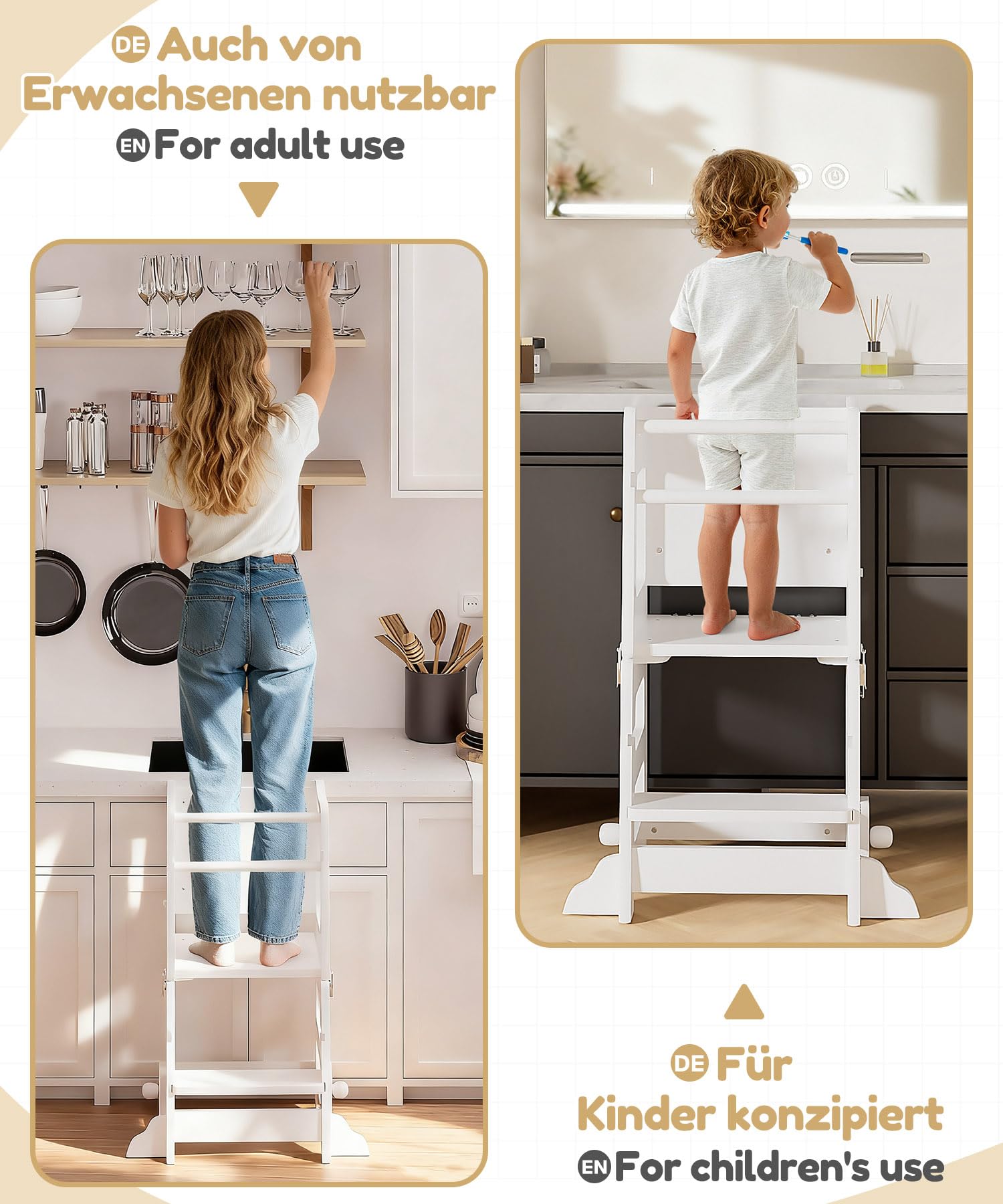 Yorbay 3 in 1 Lernturm ab 1 Jahr: Montessori Lernturm mit Tafel - Learning Tower für Kinder mit Sicherheitsfüßen - Der Tritthocker Verwandelbar in Kindertisch und Stuhl - für Küche Tisch Bad