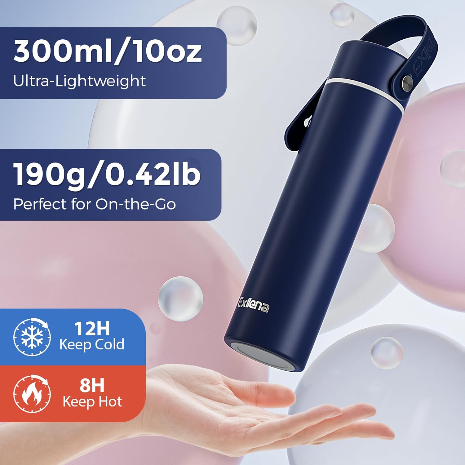 【Upgraded】Exllena Small Insulated Water Bottle 10oz with Adjustable Silicone Handle– Small Flask for Hot & Cold Drinks, Leakproof, Ideal for Purse, Lunchbox...(Midnight Sapphire) - Image 5