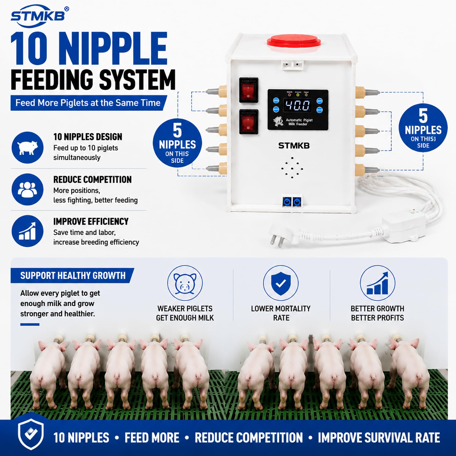 Alimentador Automático De Leche para Lechones con Control De Temperatura, Alimentador De 10 Tetinas con Bomba Mezcladora De Circulación De Agua, Equipo Inteligente De Alimentación para Granjas