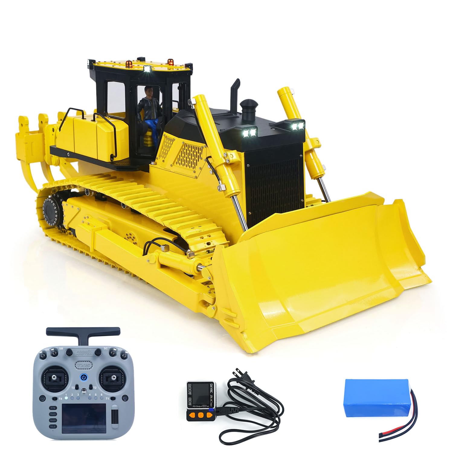 wheelfun Metallo 1/12 RC Bulldozer idraulico D155AX RTR Heavy Dozer Modello 7 Way Valve 1.0L Pompa Olio 5 Aratri Radio Master TX15 Batteria Radio Modello Hobby Grade per Adulti