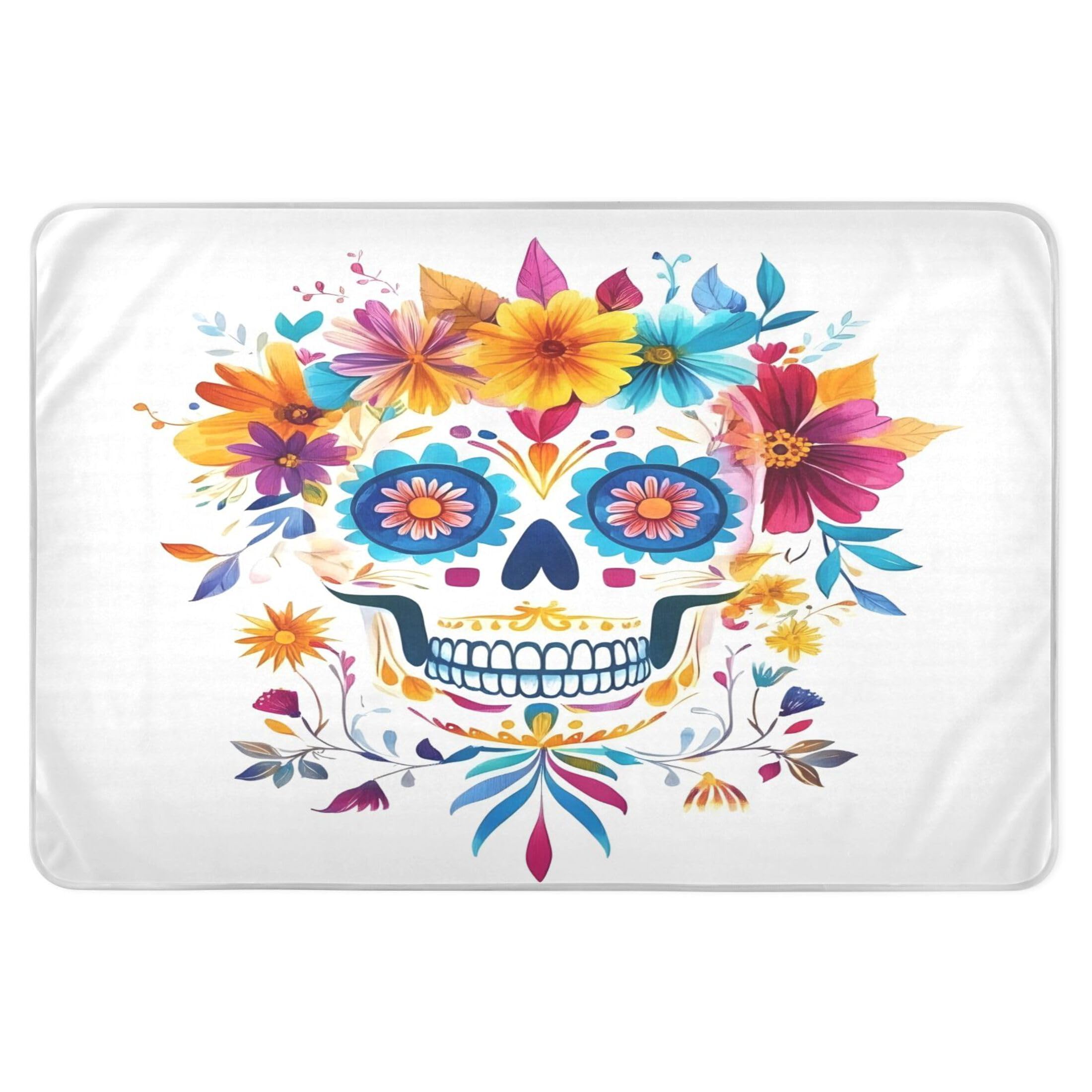 Takiito Watercolor Skull Colorful Flowers Bed Pad Reusable Bed Underpad Washable Waterproof Leak-Proof Quick Dry Incontinence Pee Pad for Toddlers Kids Adults Pets 34x52 in