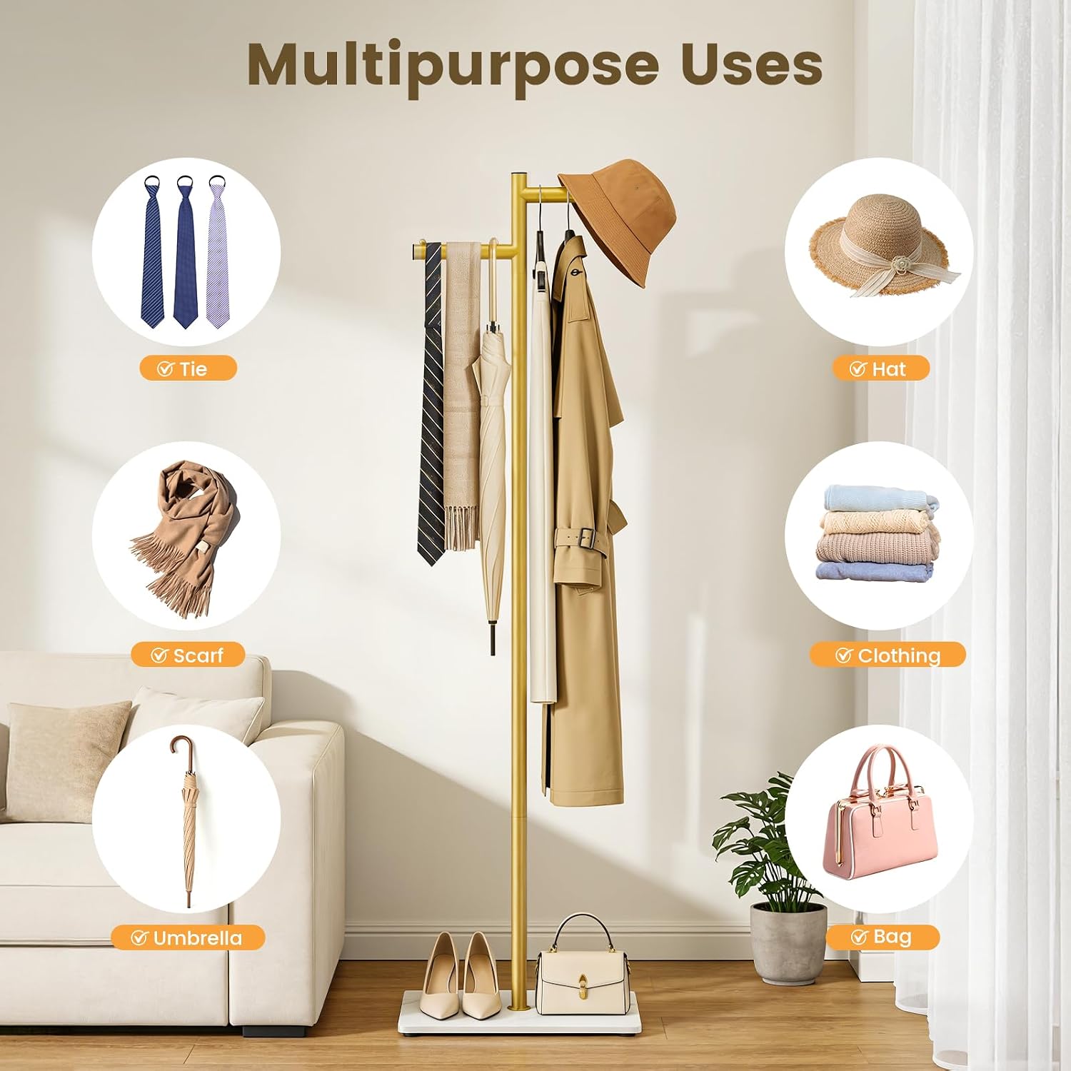 Metal Coat Rack Freestanding, 68.9"H Z-Shaped Clothes Rack with Natural Rock Base, Modern Coat Tree for Coats Hats Bags and Scarves, Coat Hanger Stand for Bedroom, Office, Entryway and Living Room
