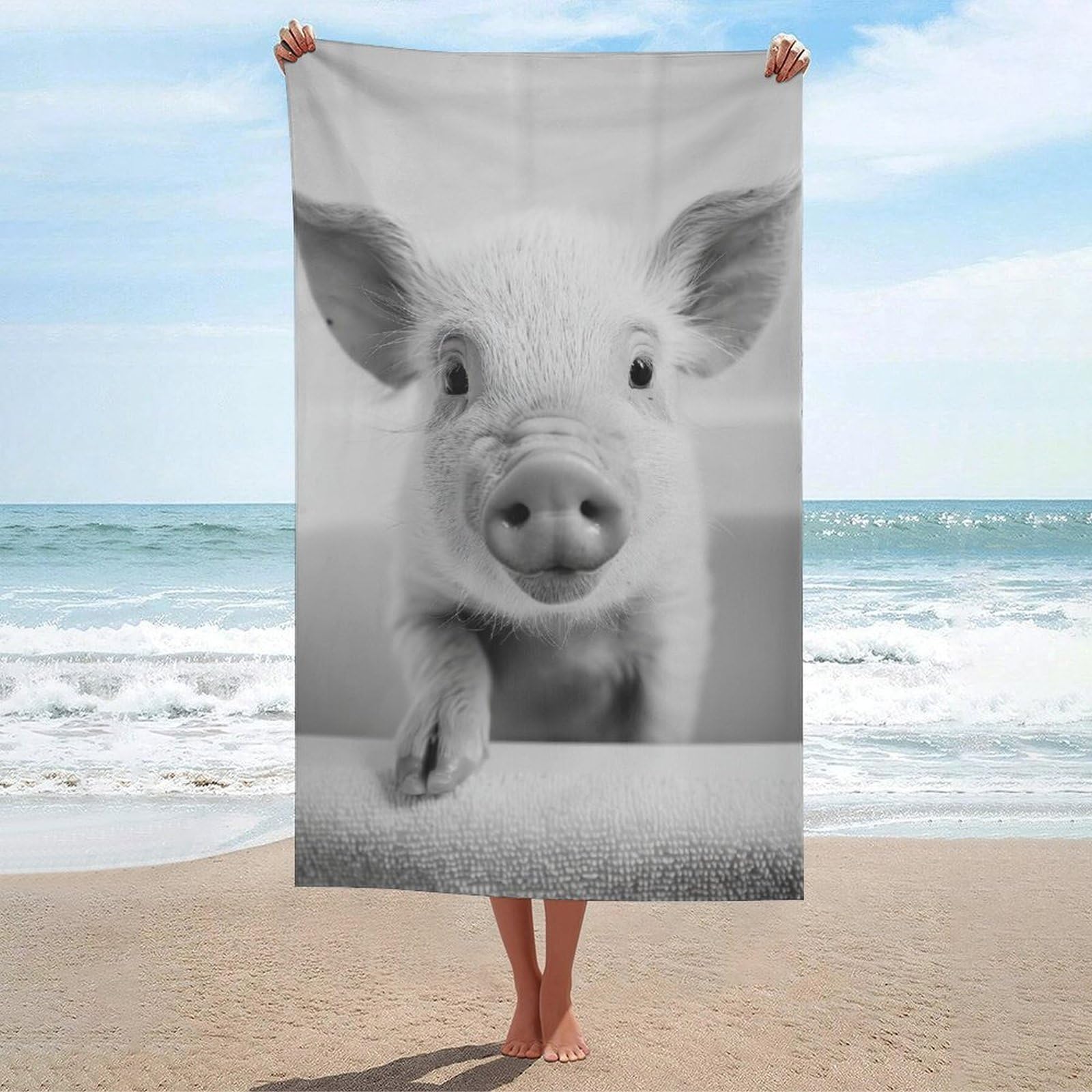 asbwuo Funny Piglet in A Bathtub Black and White Beach Towel